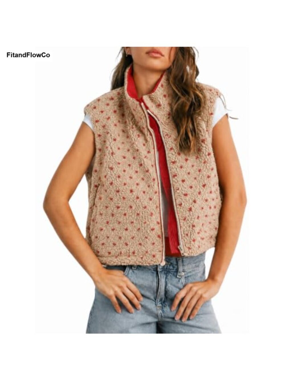 Sleeveless Sherpa Fleece Vest Polka Dot Fuzzy Zip Jacket Casual Layering